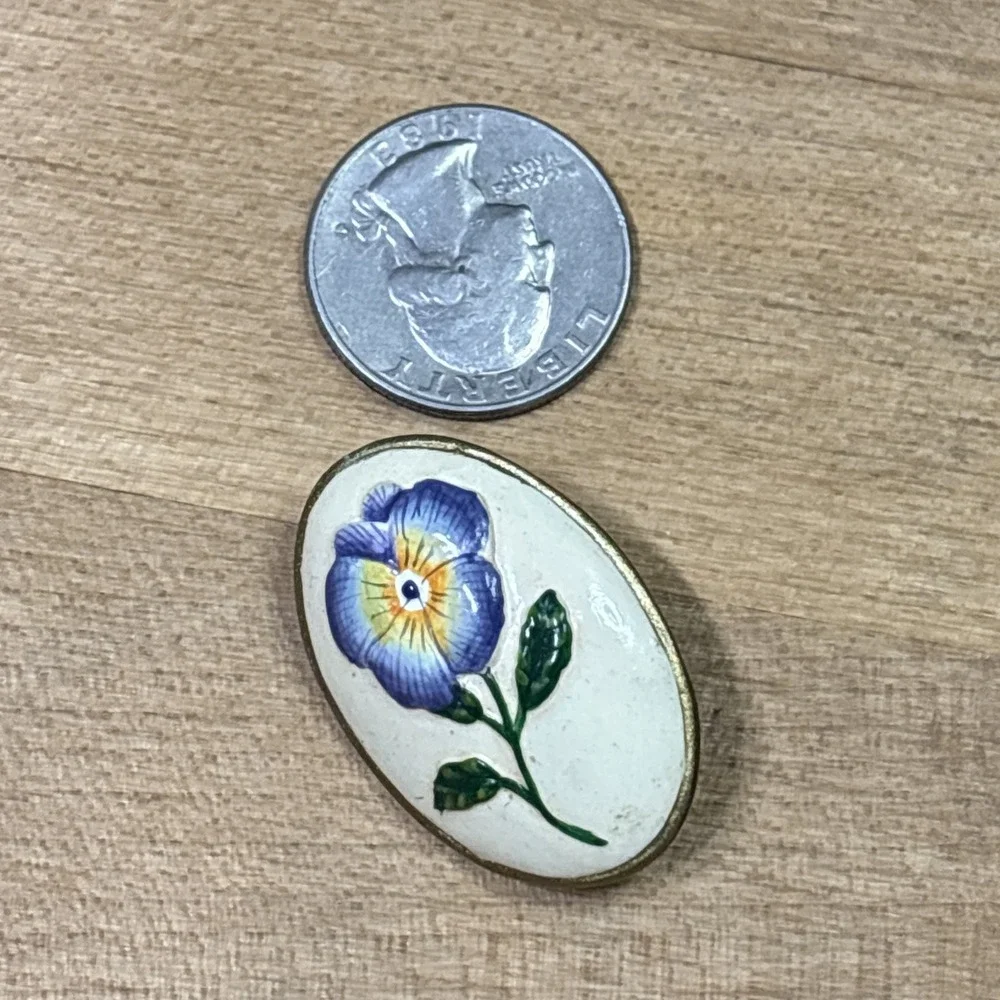 Vintage MCM Hand Painted Enamel Pansy Brooch Victorian Revival Gold Tone Pin